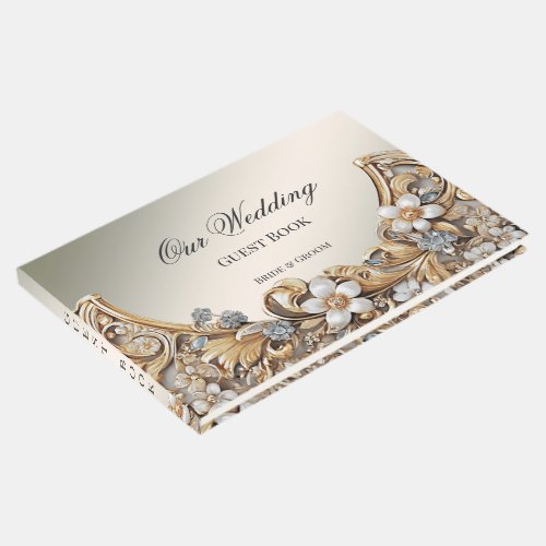 Decorative Gold White Floral Guest Book