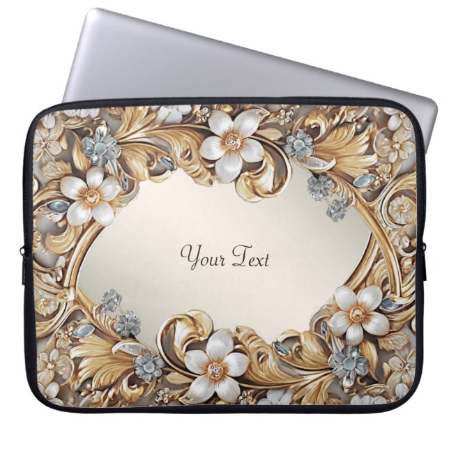 Decorative Gold White Floral Laptop Sleeve (Front)