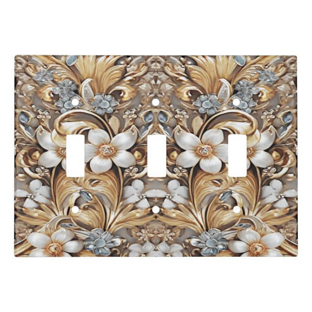 Decorative Gold White Floral Light Switch Cover (Front)