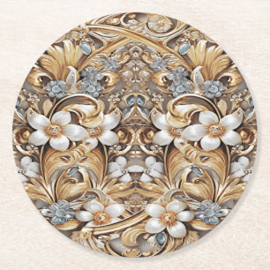 Decorative Gold White Floral Paper Coaster