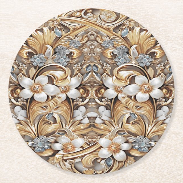 Decorative Gold White Floral Paper Coaster (Front)
