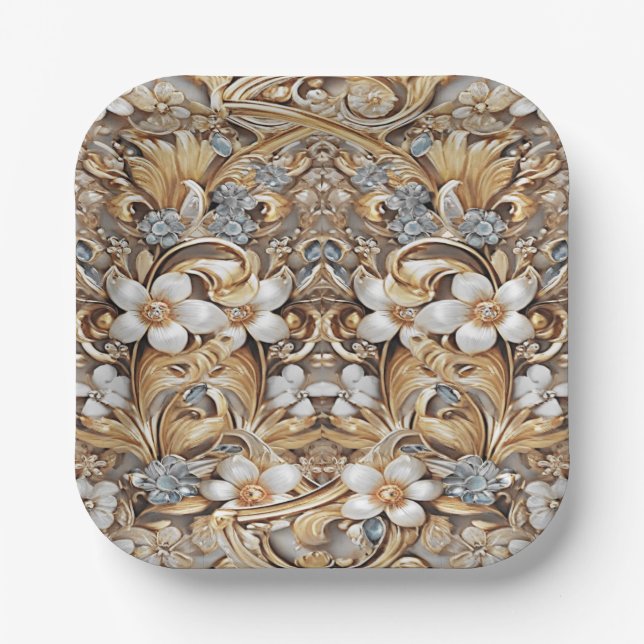 Decorative Gold White Floral Paper Plate (Front)