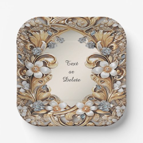 Decorative Gold White Floral Paper Plate