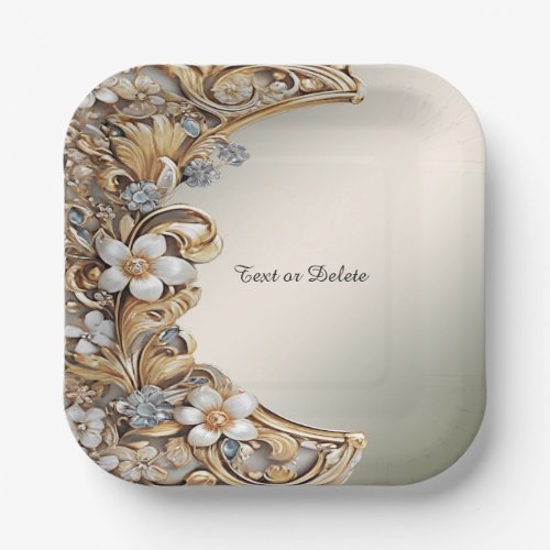 Decorative Gold White Floral Paper Plate