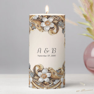 Decorative Gold White Floral Pillar Candle