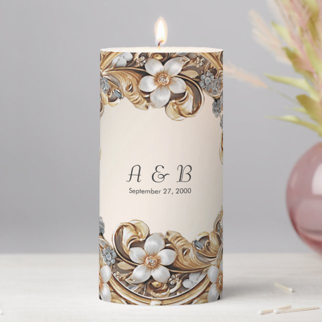 Decorative Gold White Floral Pillar Candle (In Situ)