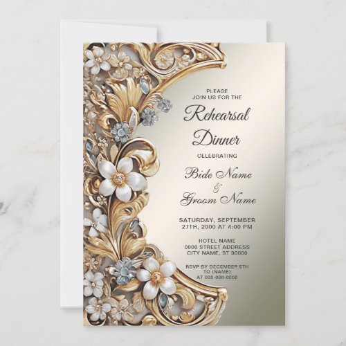 Decorative Gold White Floral Rehearsal Dinner Invitation