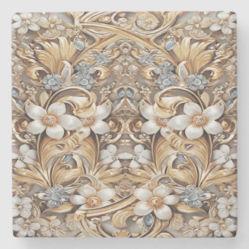Decorative Gold White Floral Stone Coaster