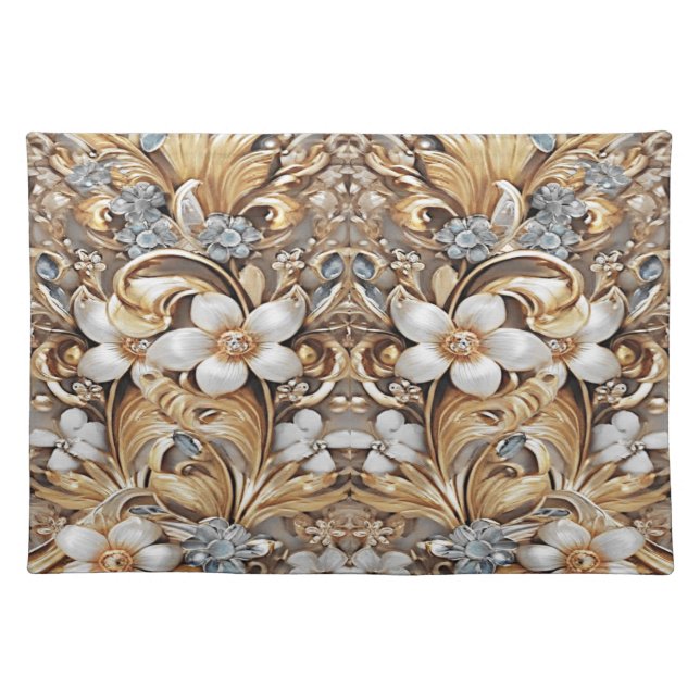 Decorative Gold White Floral Table Placemat (Front)