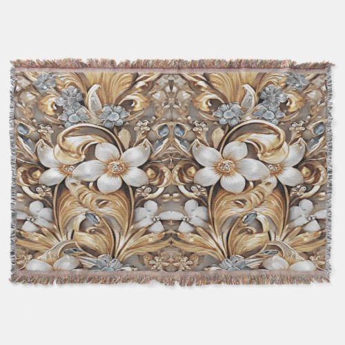Decorative Gold White Floral Throw Blanket