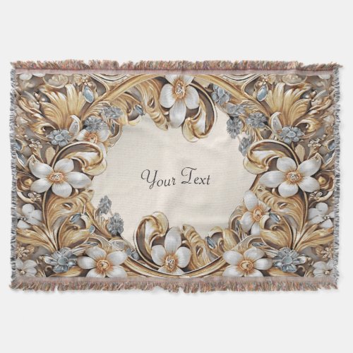 Decorative Gold White Floral Throw Blanket