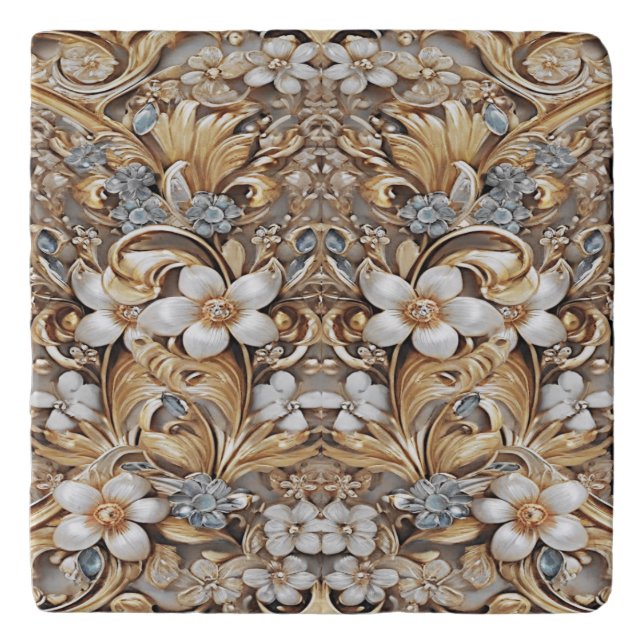 Decorative Gold White Floral Trivet (Front)