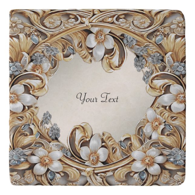 Decorative Gold White Floral Trivet (Front)