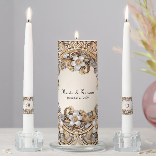 Decorative Gold White Floral Unity Candle Set
