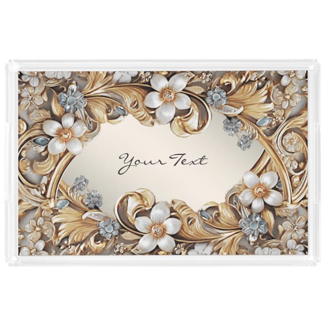 Decorative Gold White Floral Vanity Tray (Front)
