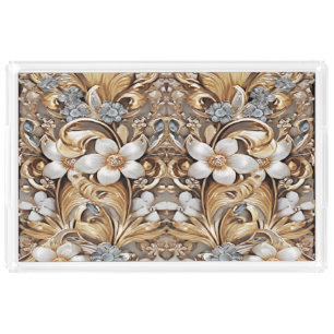 Decorative Gold White Floral Vanity Tray