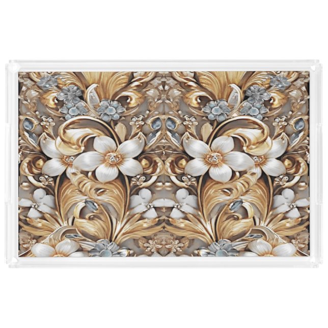 Decorative Gold White Floral Vanity Tray (Front)
