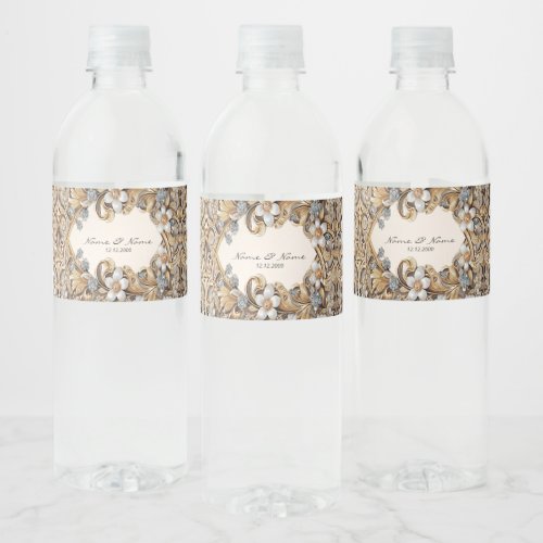 Decorative Gold White Floral Water Bottle Label