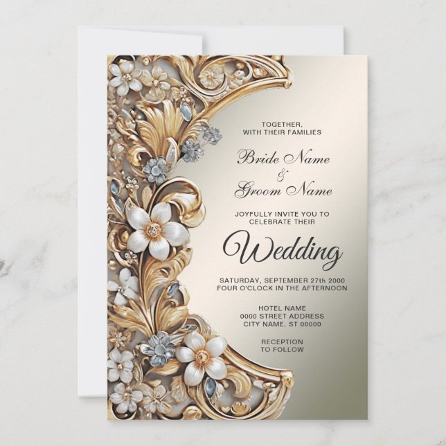 Decorative Gold White Floral Wedding Invitation (Front)