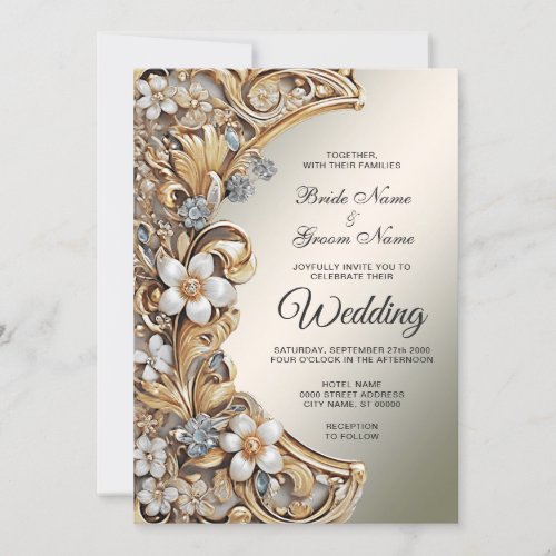 Decorative Gold White Floral Wedding Invitation