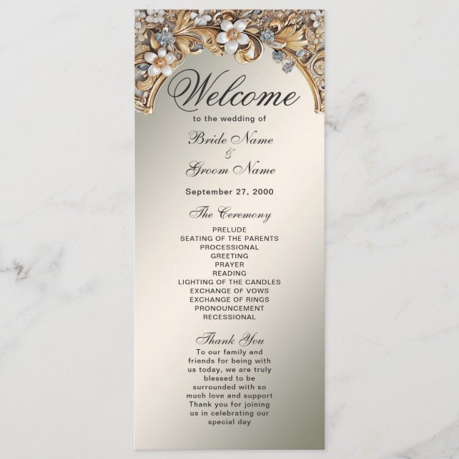 Decorative Gold White Floral Wedding Program (Front)