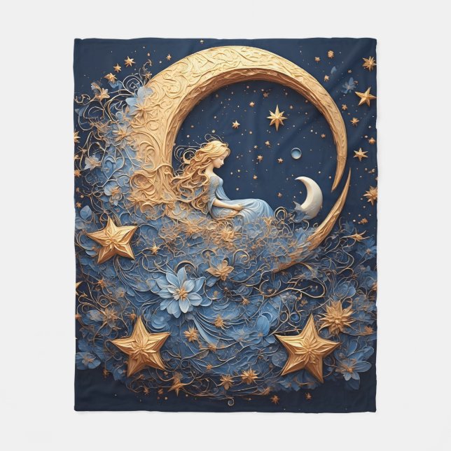 Decorative Golden Crescent Moon Fleece Blanket (Front)