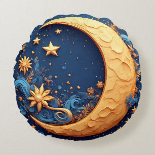 Decorative Golden Crescent Moon Round Pillow