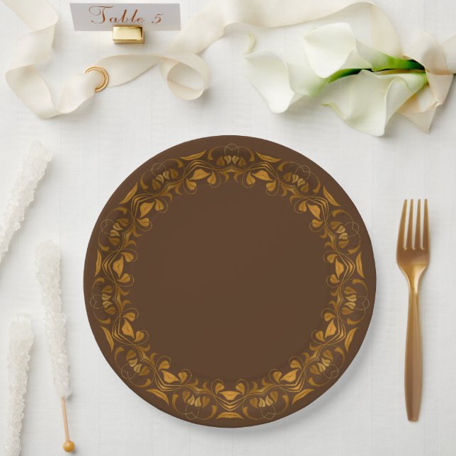 Decorative Golden-Floral Pattern Paper Plates (Wedding)