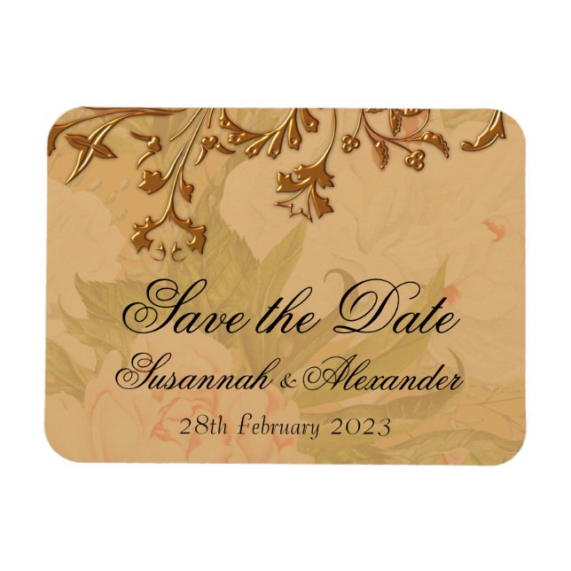 Decorative Golden Flowers and Peonies Boho Wedding Magnet (Horizontal)