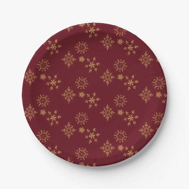 Decorative Golden Snowflakes Christmas Pattern Paper Plates (Front)