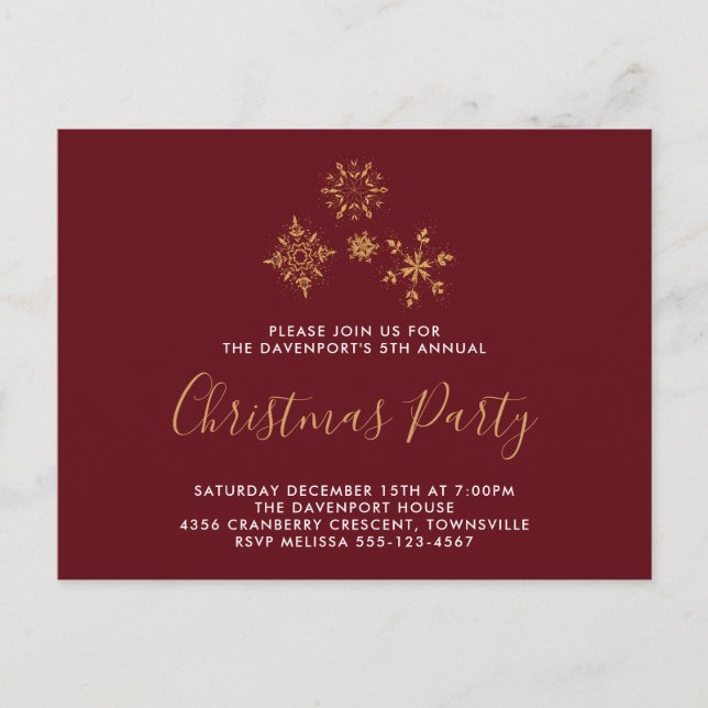 Decorative Golden Snowflakes Holiday Party Invite (Front)