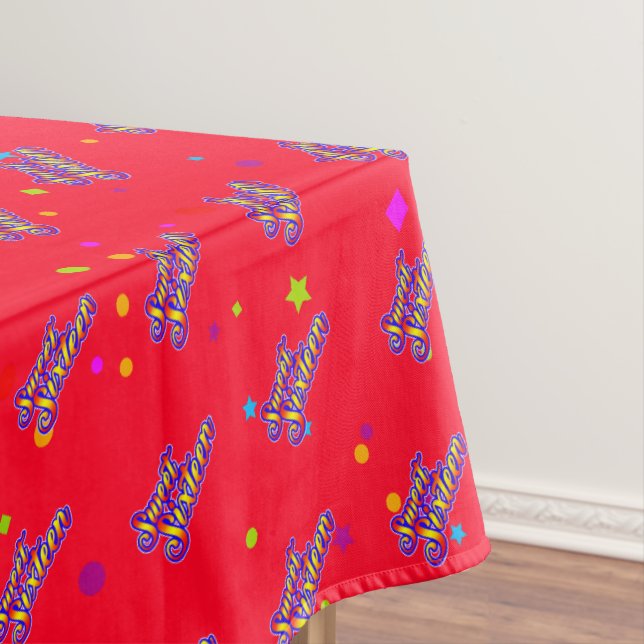 Decorative Gradient Stylized Sweet 16 on Red Tablecloth (In Situ)