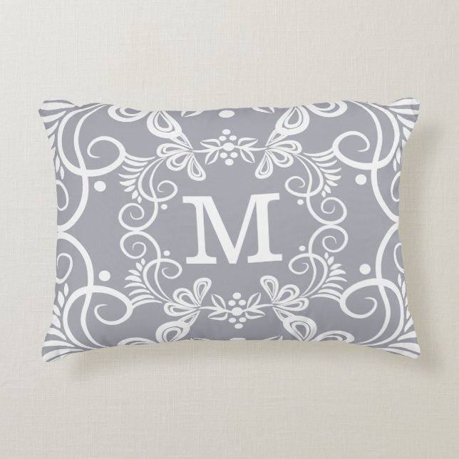 Decorative Gray White Custom Monogram Accent Pillow (Front)