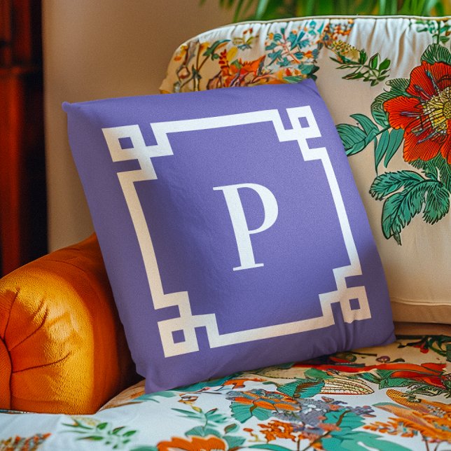 Decorative Greek Key Border Monogram Periwinkle Throw Pillow (Decorative Greek Key Border Monogram Periwinkle Throw Pillow)