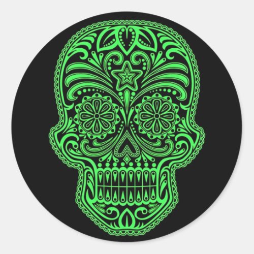 Decorative Green and Black Sugar Skull Classic Round Sticker