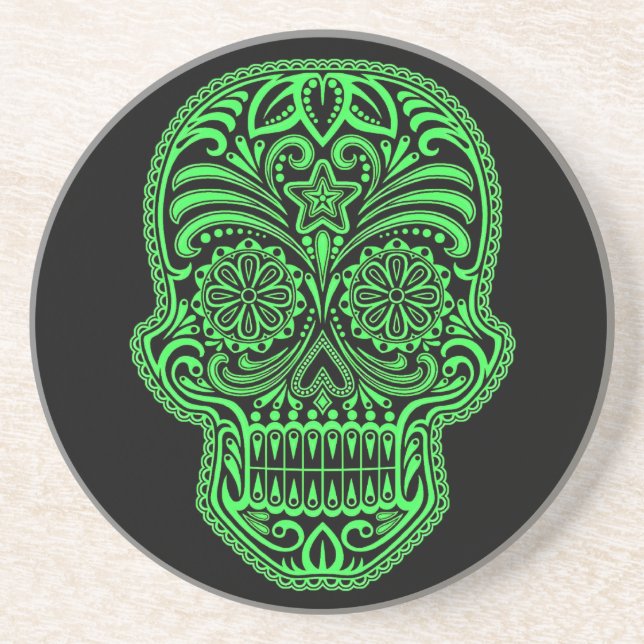 Decorative Green and Black Sugar Skull Drink Coaster (Front)