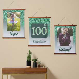 Decorative Green Glitter 2 Photos 100th Birthday Hanging Tapestry