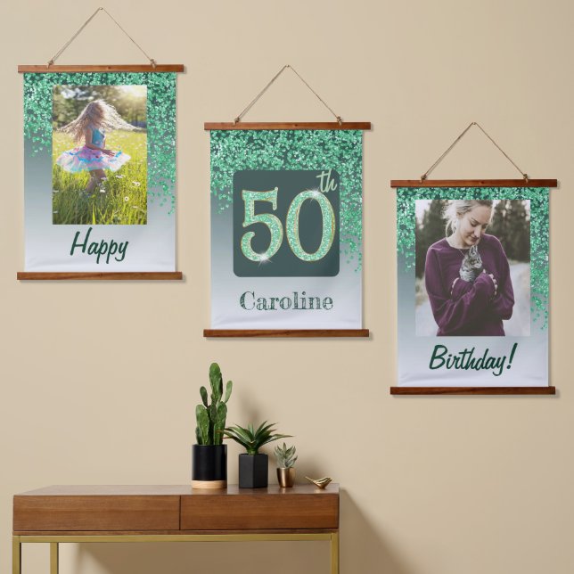Decorative Green Glitter 2 Photos 50th Birthday Hanging Tapestry (Asymmetrical)