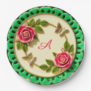 Decorative Green Rim Plate With Pink Rose