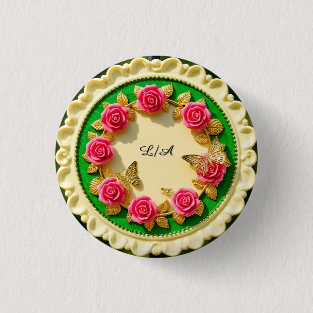 Decorative Green Rim Plate With Pink Rose Button (Front)