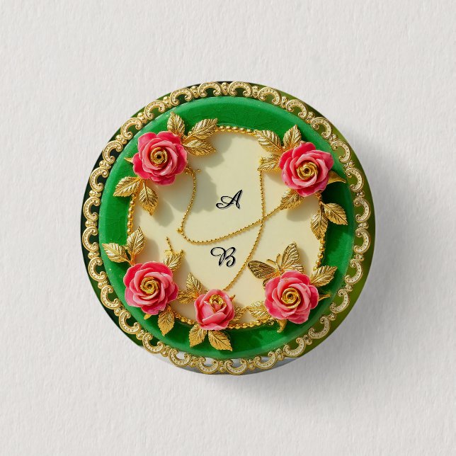 Decorative Green Rim Plate With Pink Rose Button (Front)