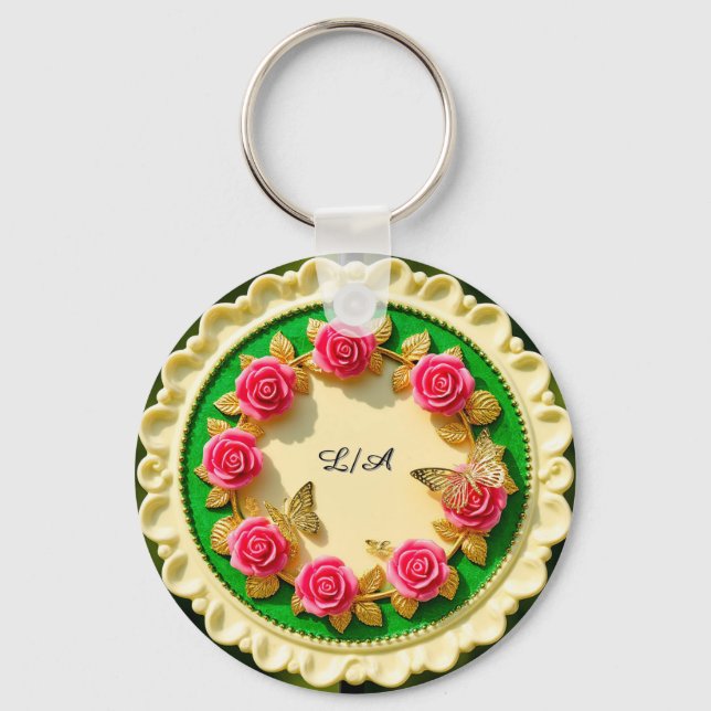 Decorative Green Rim Plate With Pink Rose Keychain (Front)