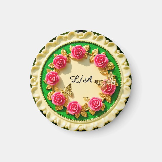 Decorative Green Rim Plate With Pink Rose Magnet (Front)