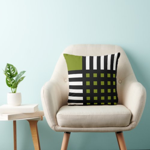 Decorative Green White Black Grid Stripe Pattern Throw Pillow