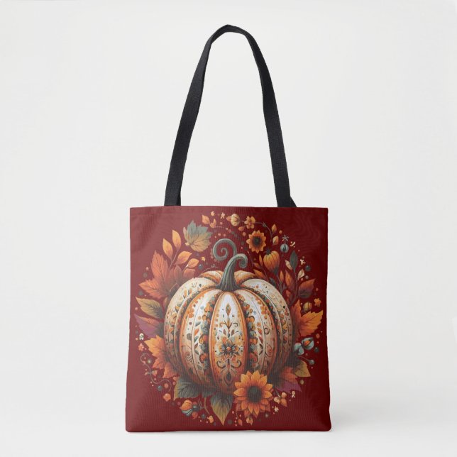 Decorative Halloween Pumpkin with Leaves Flowers Tote Bag (Front)