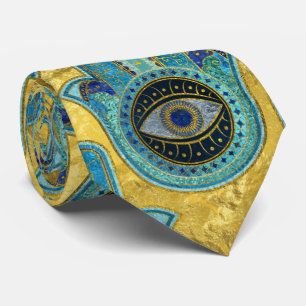 Decorative Hamsa Hand pattern on gold Neck Tie