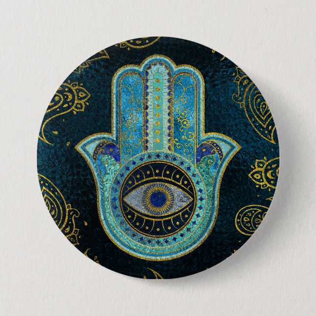 Decorative Hamsa Hand with paisley background Button (Front)