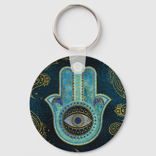 Decorative Hamsa Hand with paisley background Keychain