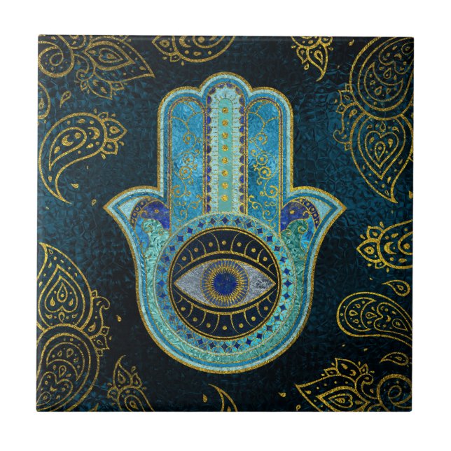 Decorative Hamsa Hand with paisley background Tile (Front)