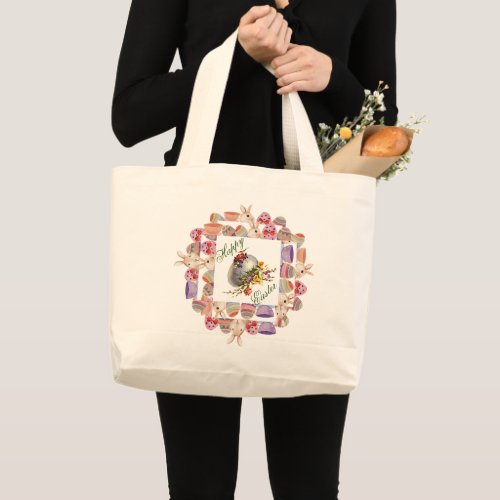 Decorative Happy Easter Bunny Eggs Colorful Border Large Tote Bag
